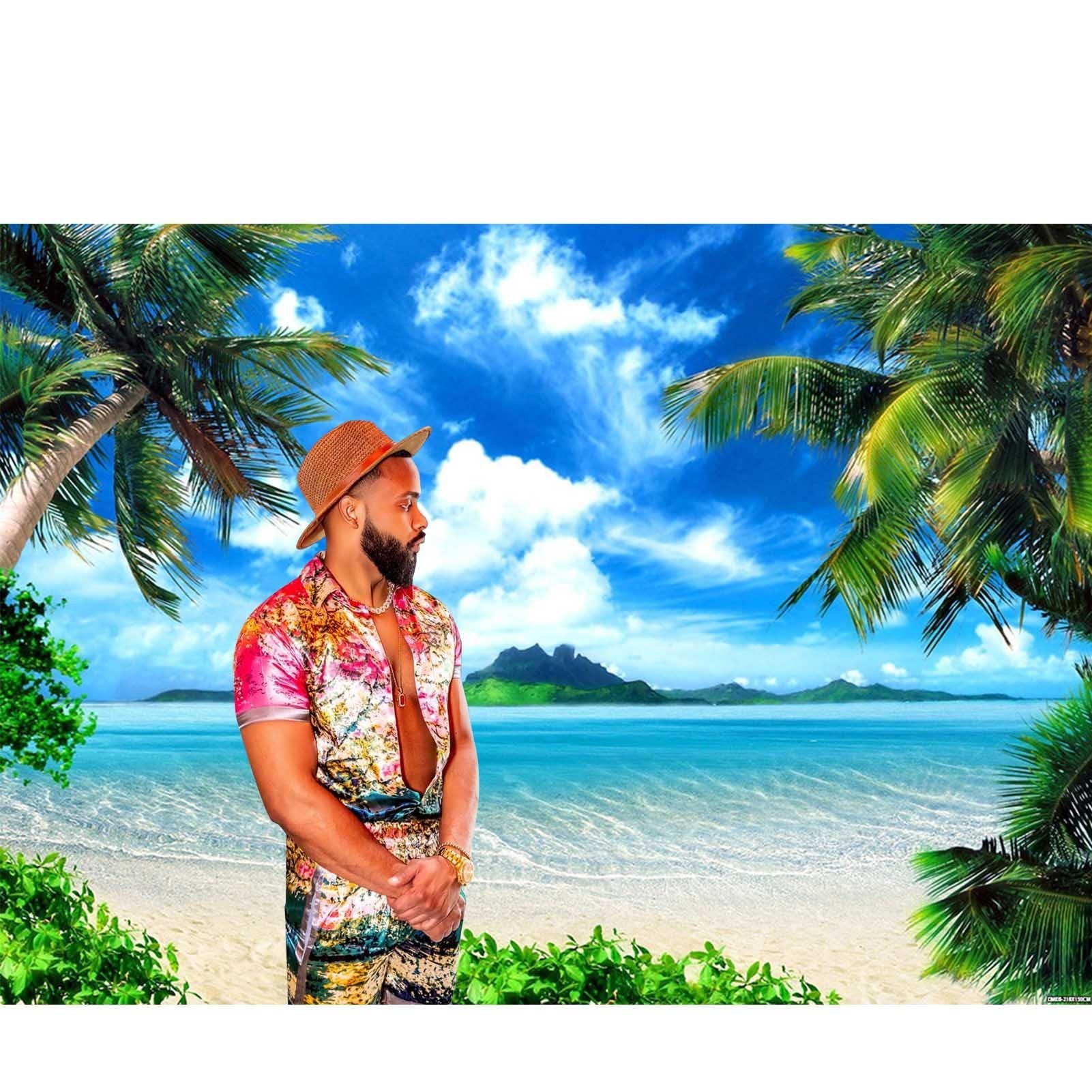 Man in tropical shirt and hat stands on a beach with palm trees and ocean view backdrop