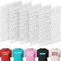 White iron-on letters, numbers, and symbols arranged in rows, with examples of decorated t-shirts below.