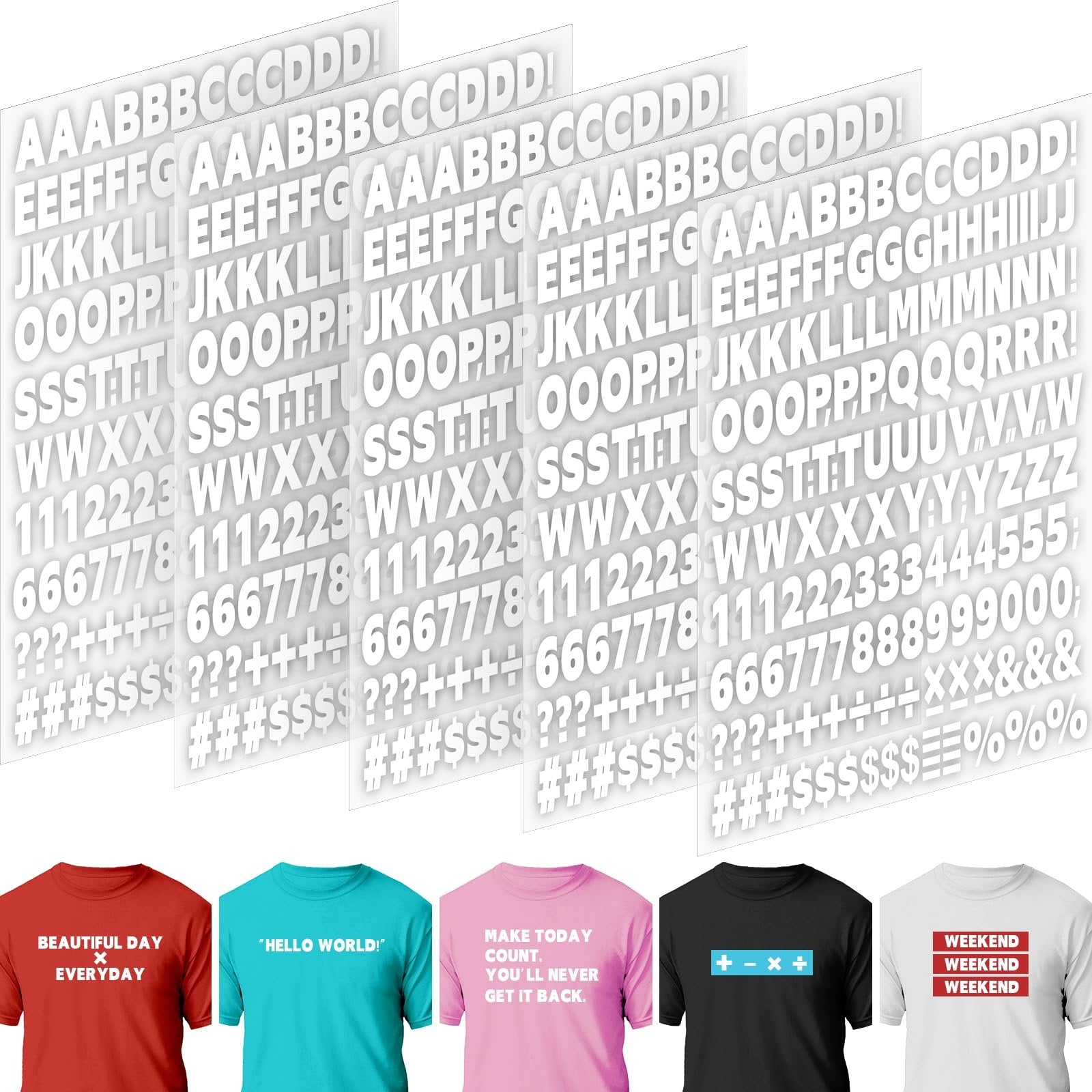 White iron-on letters, numbers, and symbols arranged in rows, with examples of decorated t-shirts below.