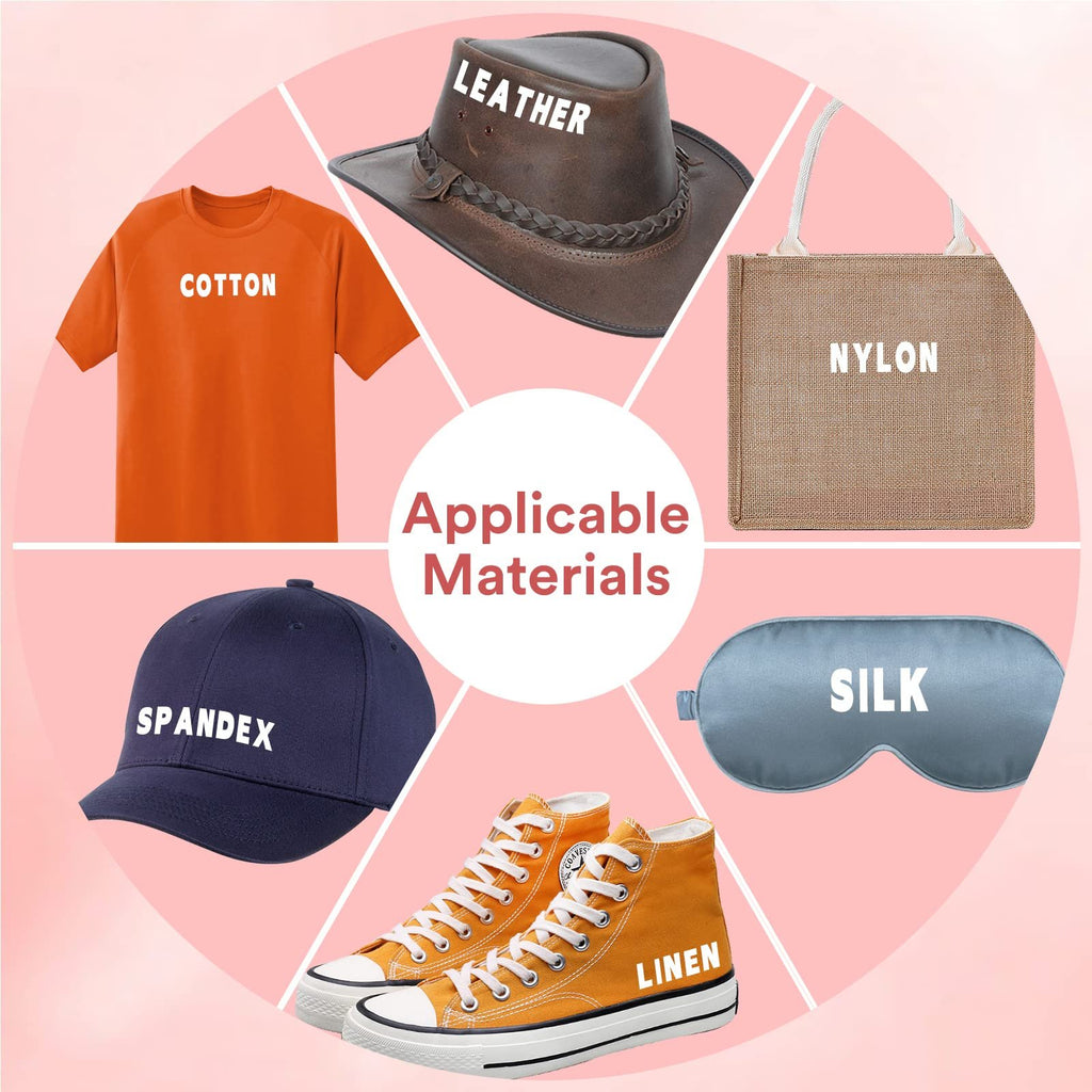 Collage showing various materials applicable for heat transfer vinyl: orange t-shirt, brown leather hat, tan tote bag, navy cap, blue eye mask, and yellow sneakers.