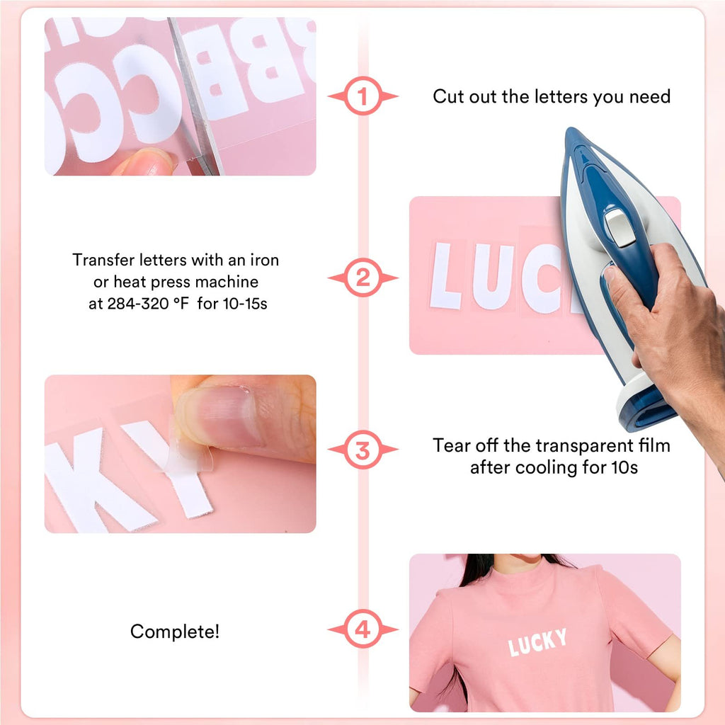 Instructions for applying iron-on letters to clothing, showing cutting, ironing, peeling, and the final result on a shirt.