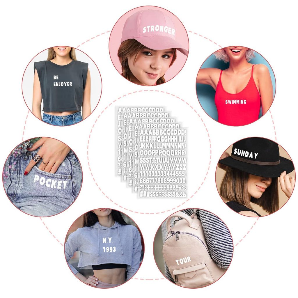 Collage of people and items customized with white iron-on letters and numbers. Includes a crop top, pink cap, red swimsuit, black hat, denim pocket, grey hoodie, and a backpack.