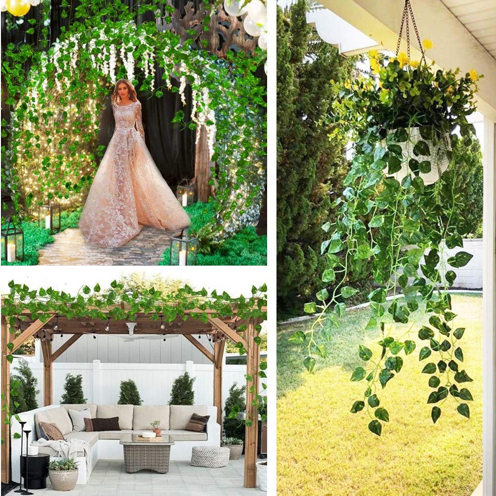Collage of artificial vine garland decorating various outdoor and event spaces, including a wedding arch, a hanging basket, and a pergola.