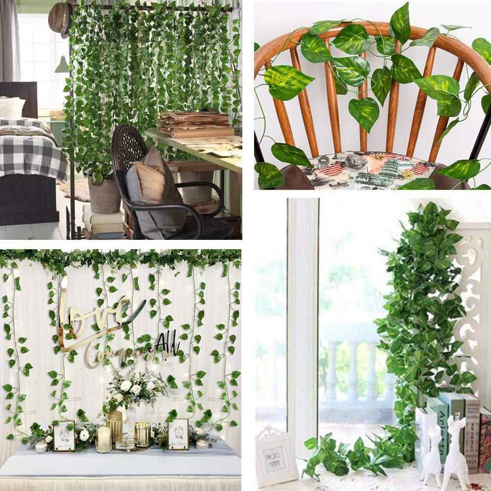 Collage of artificial vine garlands used for decor in various settings, including a bedroom, chair, and party backdrop.