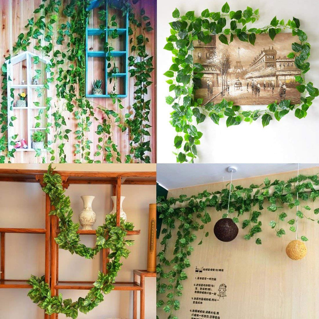 Collage of artificial vine garlands with fabric leaves decorating various indoor spaces.