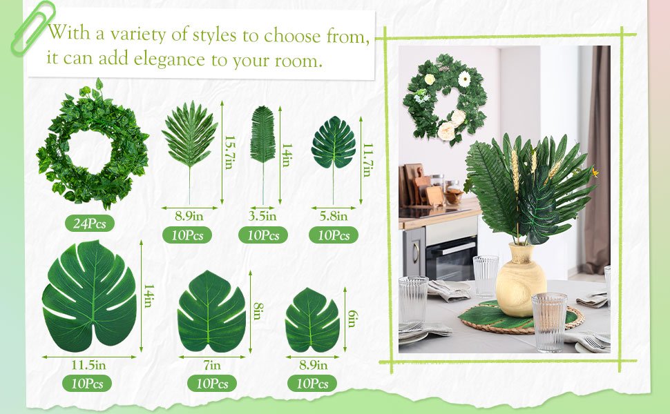 Artificial jungle vines and palm leaves set with dimensions and quantities shown, plus a lifestyle image of a table setting with a vase of leaves.