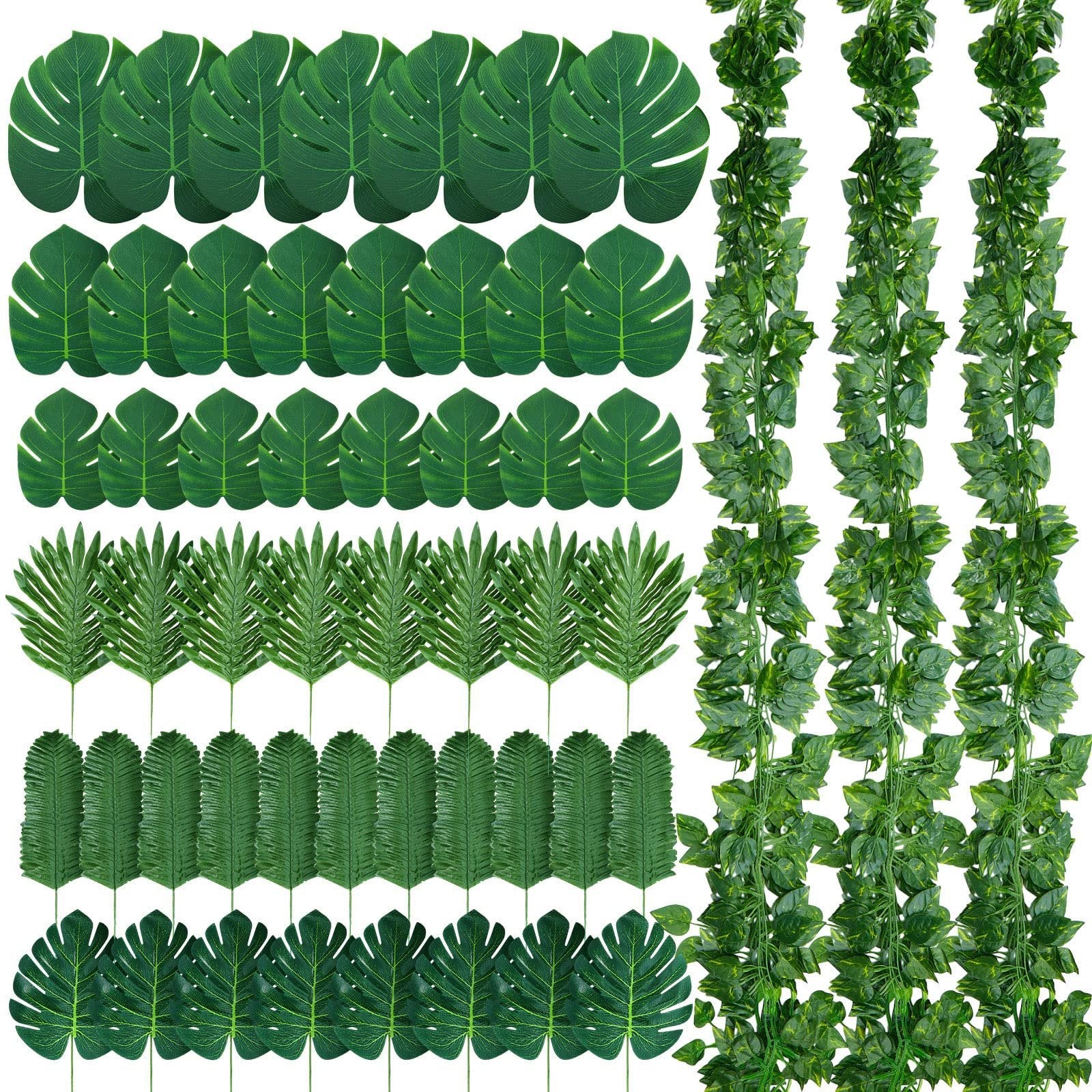 Assortment of artificial jungle vines and palm leaves on a white background, showing monstera leaves, palm fronds, and hanging vine strands.