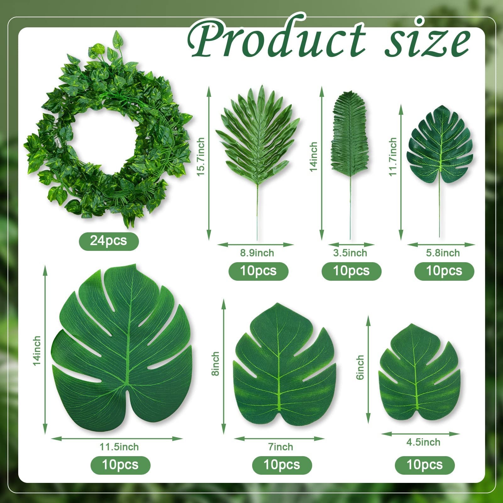 Artificial jungle vines and palm leaves set showing product sizes and quantities. Includes a wreath of vines and various tropical leaves.