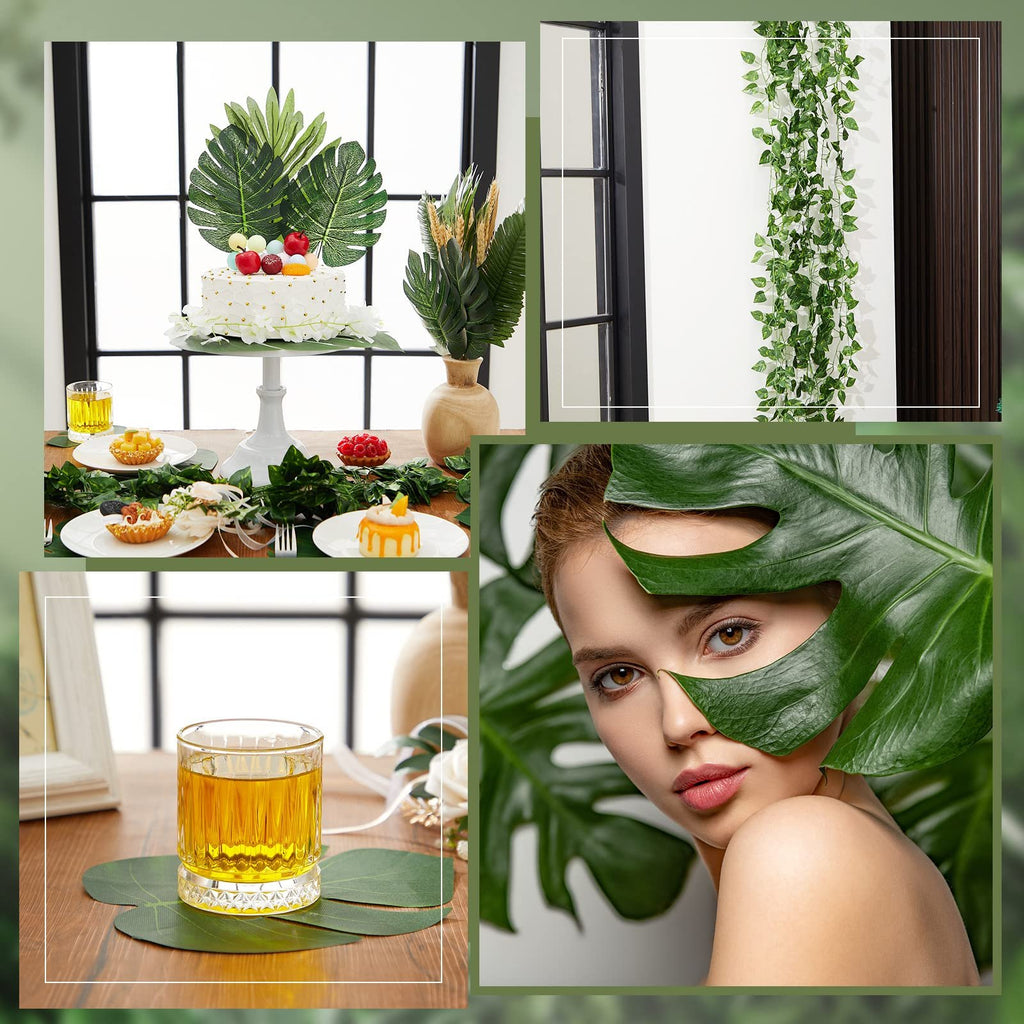 Collage of artificial jungle vines and palm leaves used for party decor, including a cake, desserts, a drink, and a woman's face partially obscured by leaves.
