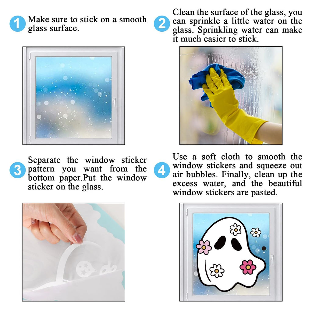 Four-step guide showing how to apply Halloween window clings, including cleaning glass, peeling sticker, and smoothing it on a window.
