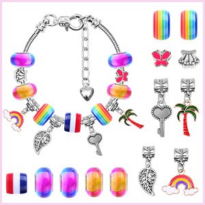 DIY charm bracelet making kit with snake chain, rainbow beads, butterfly, shell, key, palm tree, leaf, and rainbow charms.