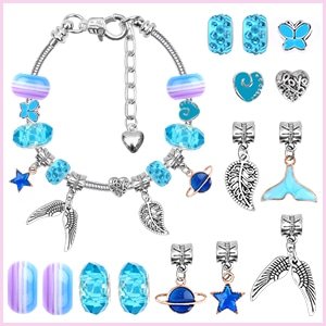DIY charm bracelet making kit components including snake chains, beads, and various charms like wings, stars, and planets.