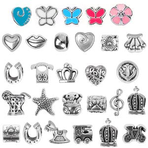 Collection of 30 assorted metal charms for jewelry making, including hearts, butterflies, crowns, animals, and musical notes.
