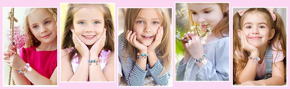 Five girls wearing DIY charm bracelets, showcasing different styles and beads.