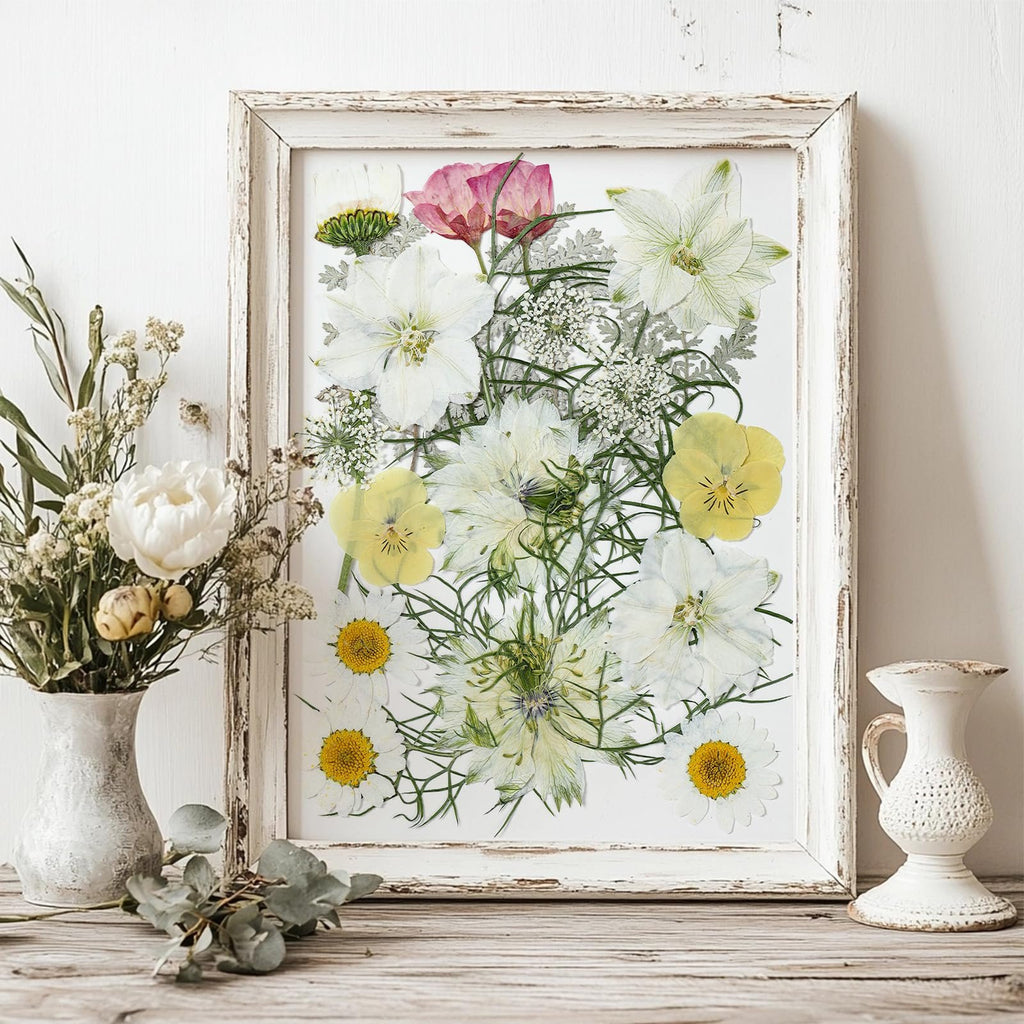 Framed pressed flowers and leaves in white, pink, and yellow tones on a white background, with a vase of flowers to the left.