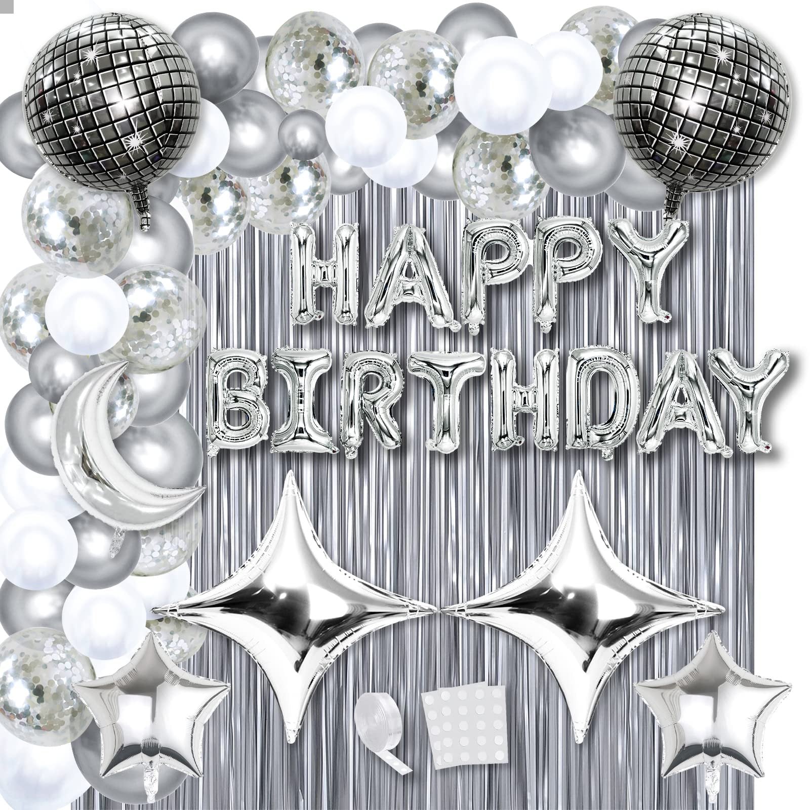 Silver and white balloons, disco balls, moon, stars, and fringe backdrop with 'Happy Birthday' foil balloons.