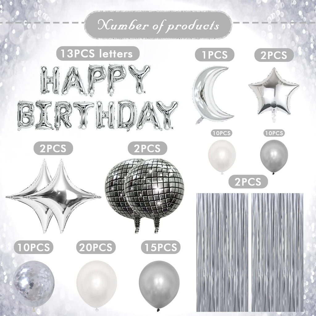 Silver birthday party decoration set including foil balloons, disco balls, moon, star, and silver curtains.