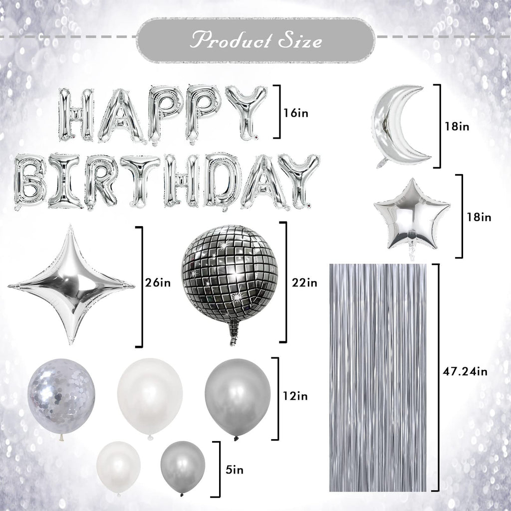 Silver birthday party balloon decoration set including 'HAPPY BIRTHDAY' foil letters, disco ball, star, moon, and various latex balloons with size indicators.