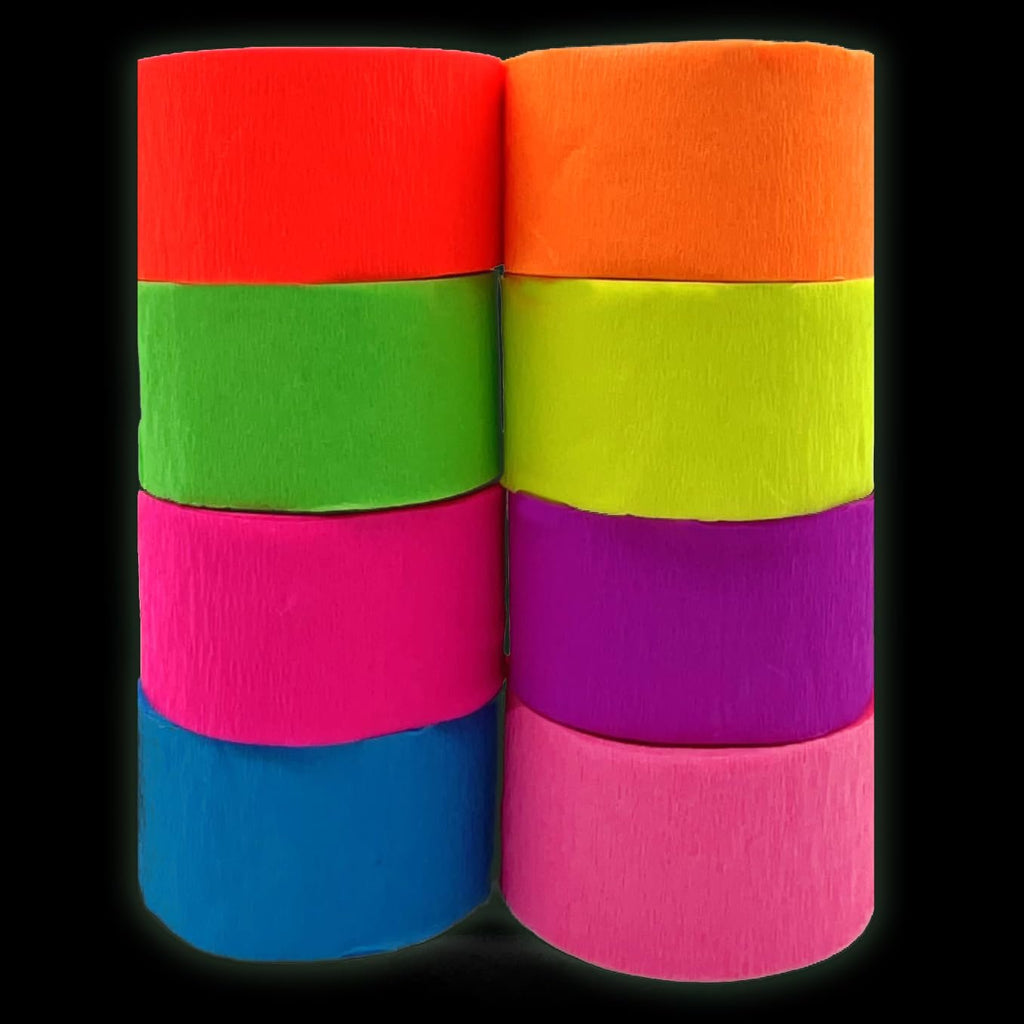 Stack of eight rolls of neon crepe paper streamers in red, green, pink, blue, orange, yellow, purple, and light pink.