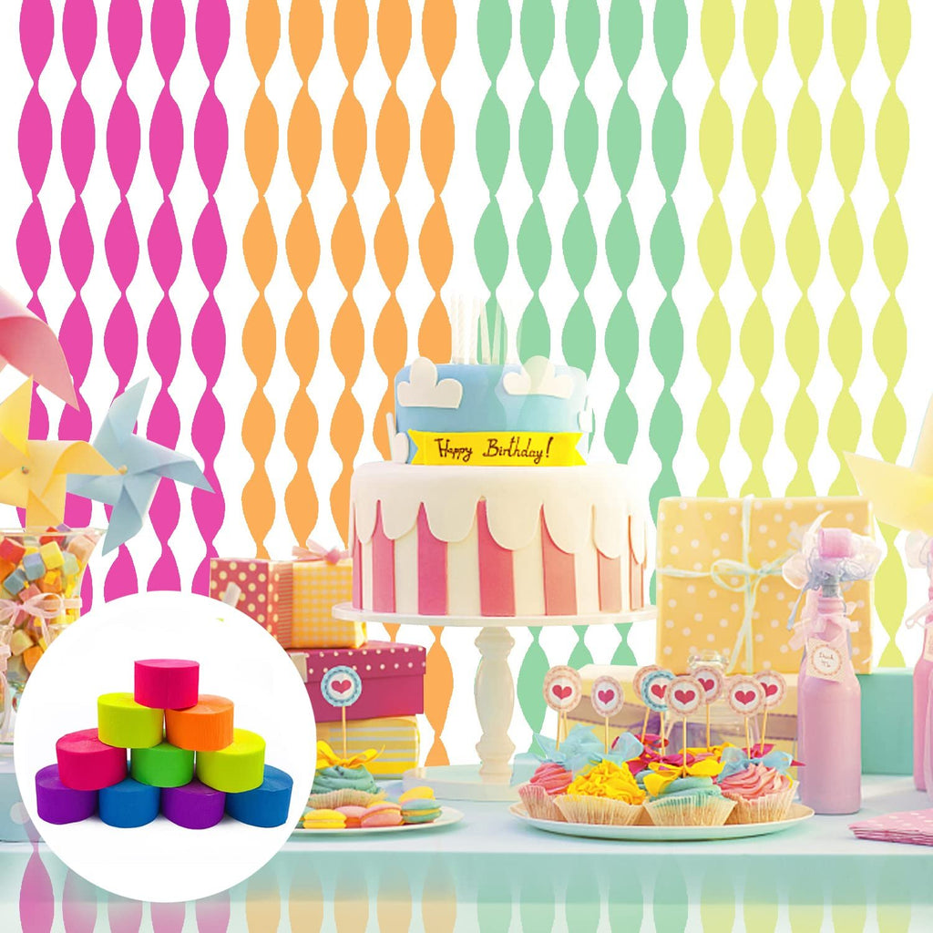 Birthday party scene with cake, cupcakes, gifts, and colorful streamers in the background. A circular inset shows stacked rolls of neon crepe paper.