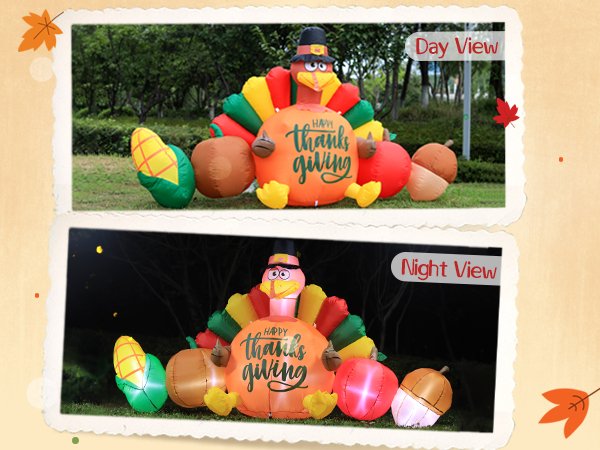 Inflatable Thanksgiving turkey with corn, pumpkins, and acorns, shown in day and night views with LED lights.