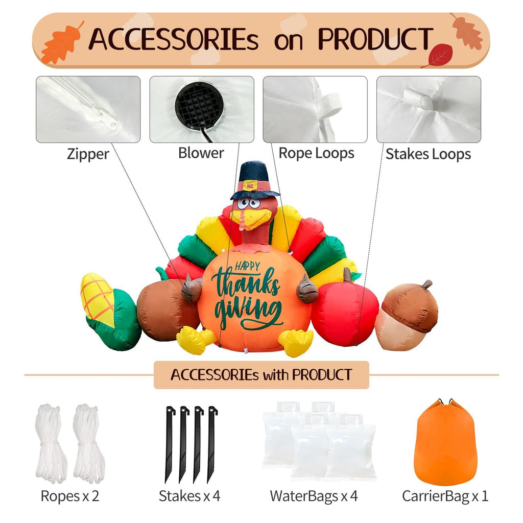 Inflatable Thanksgiving turkey with corn, pumpkins, and acorn, showing accessories like zipper, blower, ropes, stakes, water bags, and carrier bag.
