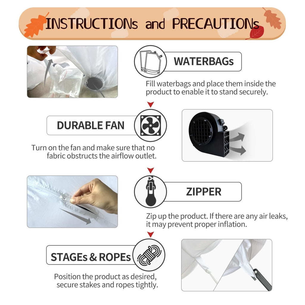 Instructions and precautions for an inflatable product, showing waterbags, fan, zipper, and ropes.