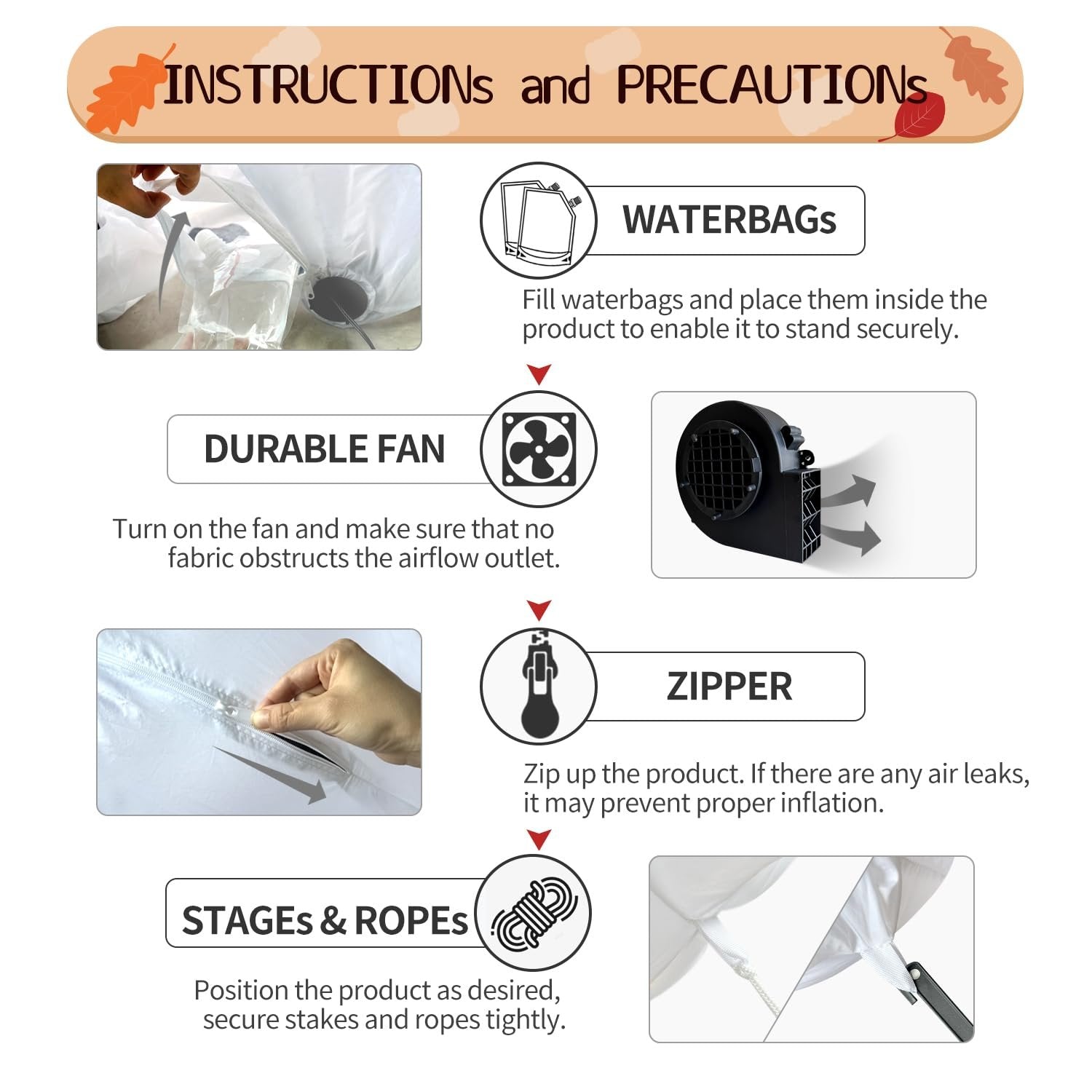 Instructions and precautions for an inflatable product, showing waterbags, fan, zipper, and ropes.