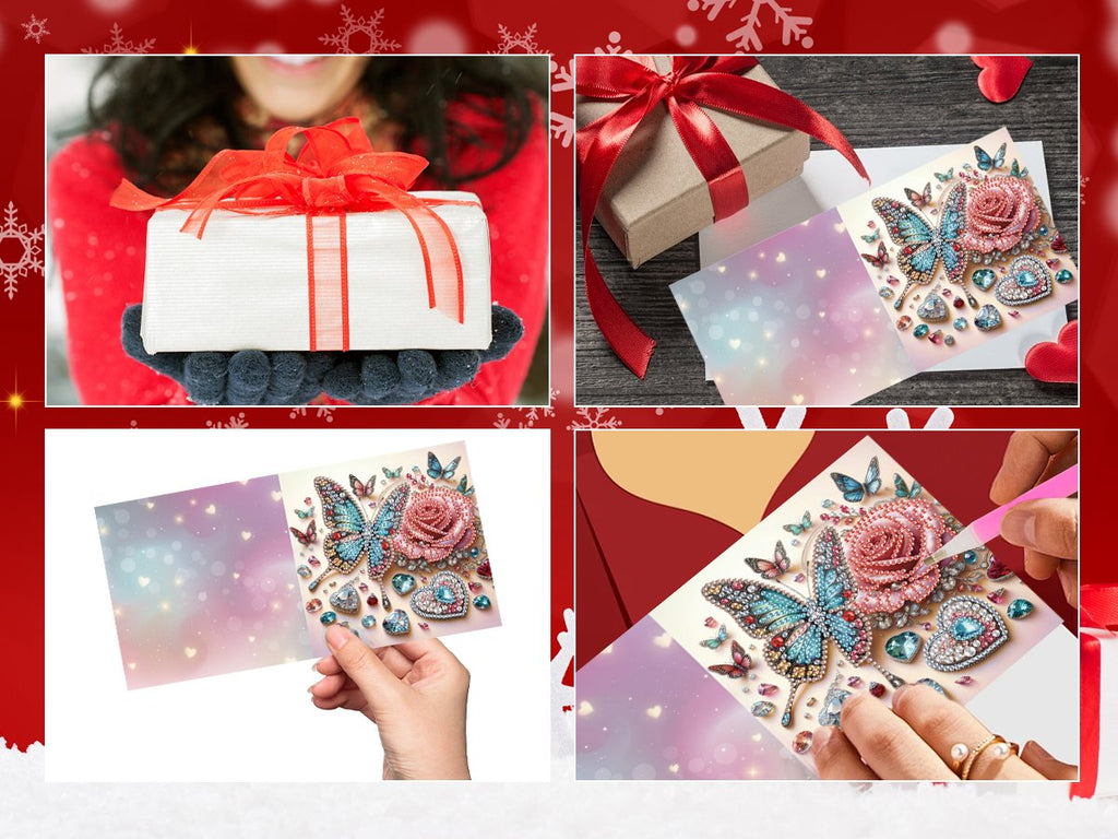 Diamond art greeting card kit with butterfly and rose design, shown in multiple lifestyle and product views.