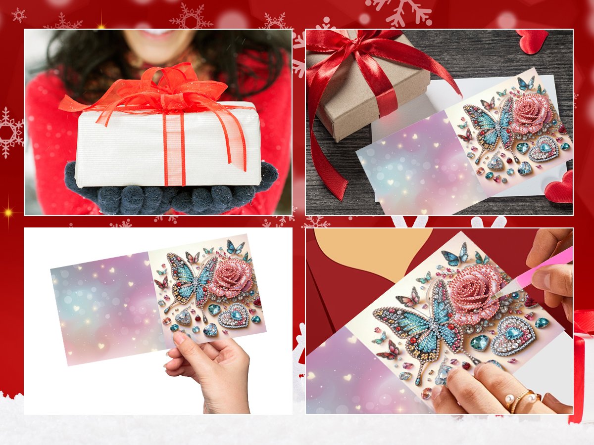 Diamond art greeting card kit with butterfly and rose design, shown in multiple lifestyle and product views.