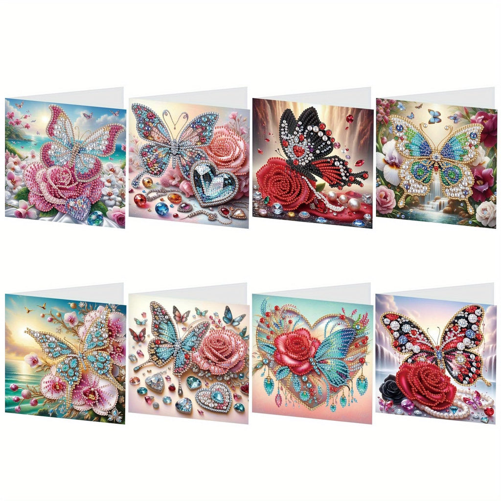 Eight diamond art greeting cards featuring butterflies, roses, and jewels, displayed in a 2x4 grid.