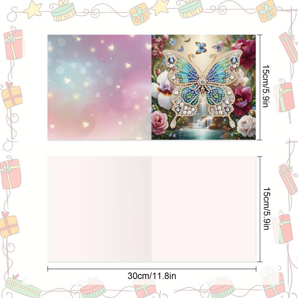 Diamond art butterfly greeting card kit showing a decorated card front and blank card interior, with dimensions labeled.