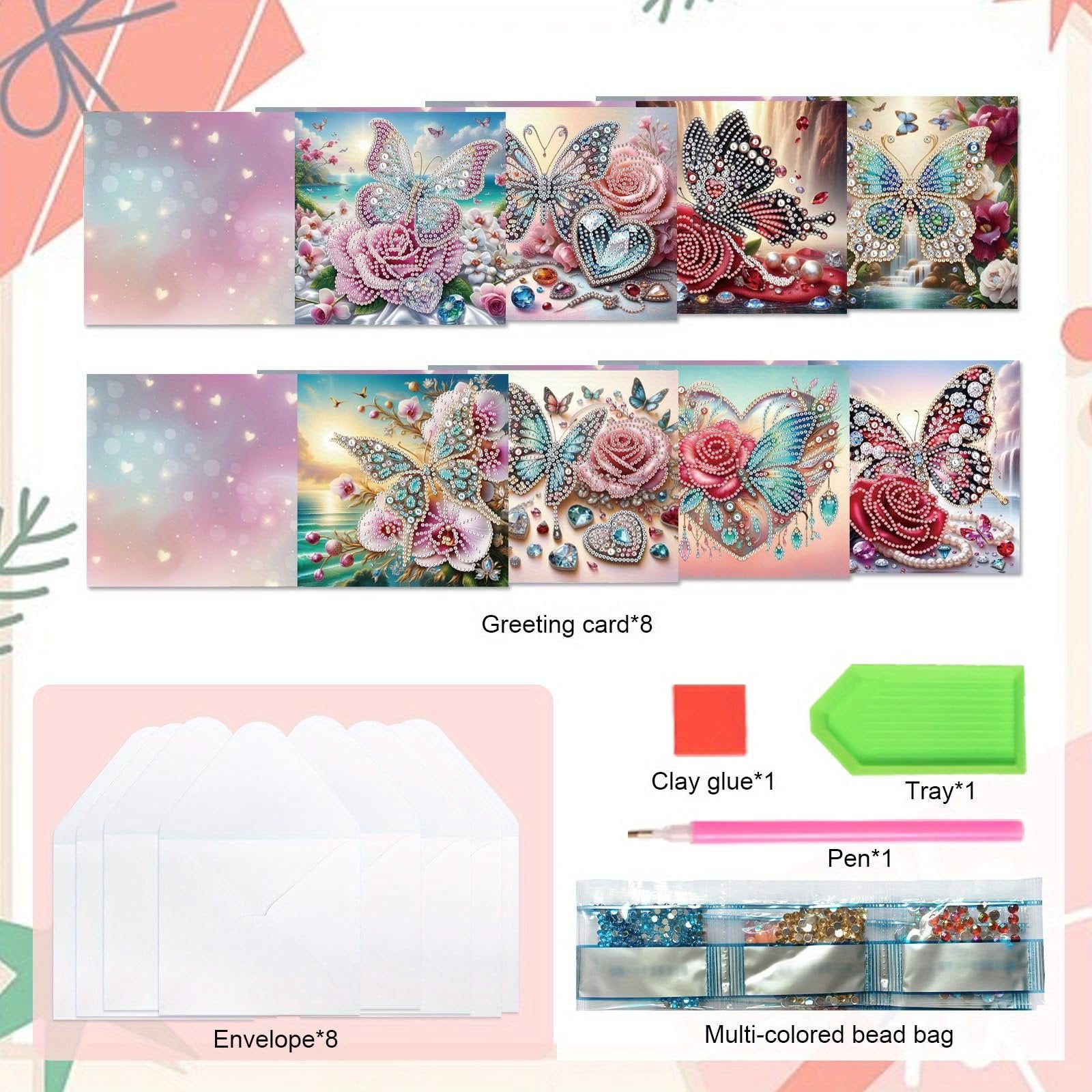 Diamond art greeting card kit contents including cards, envelopes, clay glue, tray, pen, and multi-colored beads.