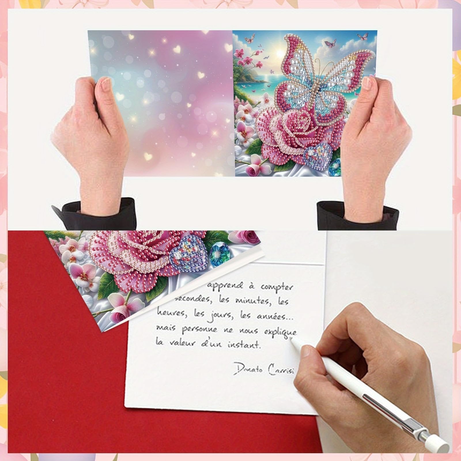 Hands holding diamond art greeting cards with butterfly and rose designs, one card being written on.
