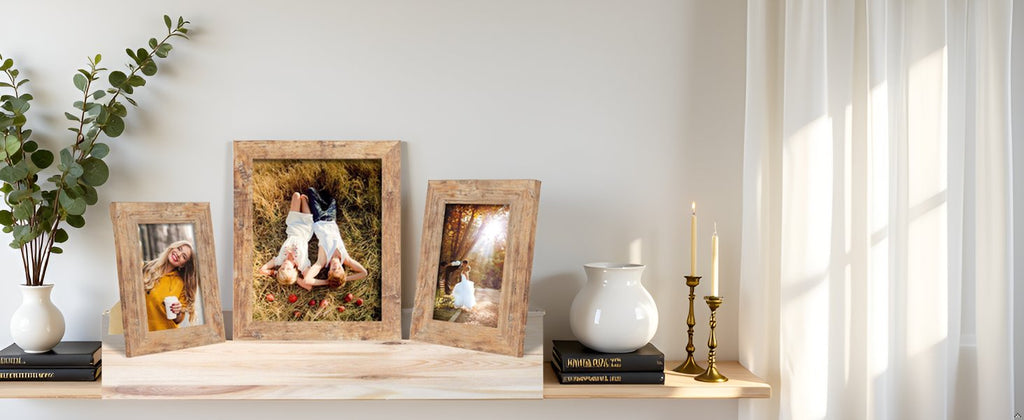 Three rustic brown picture frames displayed on a wooden shelf with decorative items and curtains in the background.
