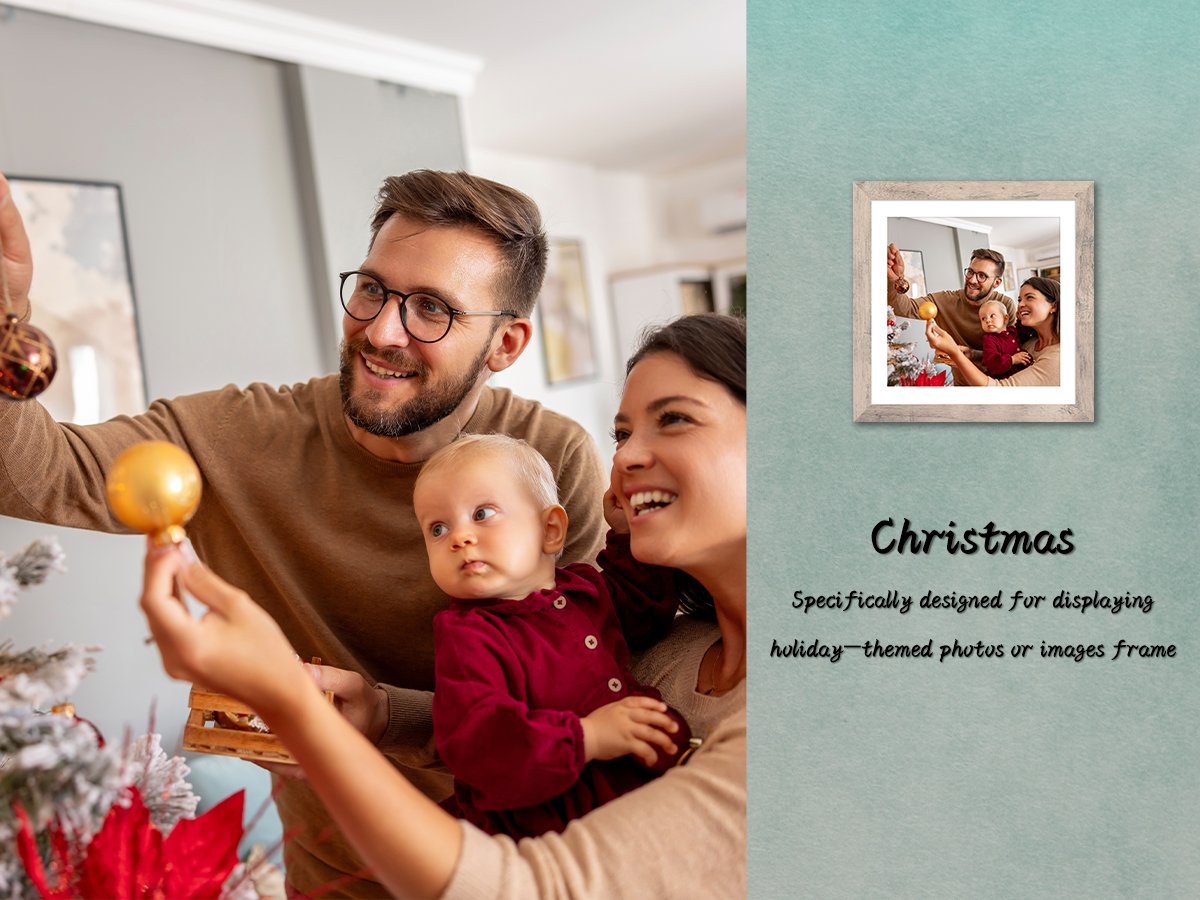 Family decorating a Christmas tree with a baby, with a framed photo of them on the right