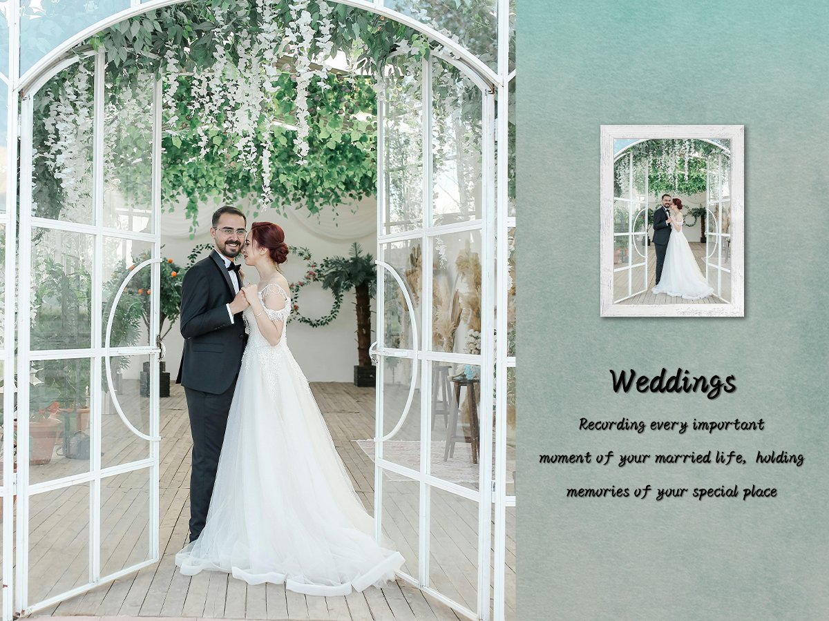 Wedding couple posing inside a greenhouse with white floral decorations, with a framed image of them and text overlay on the right.