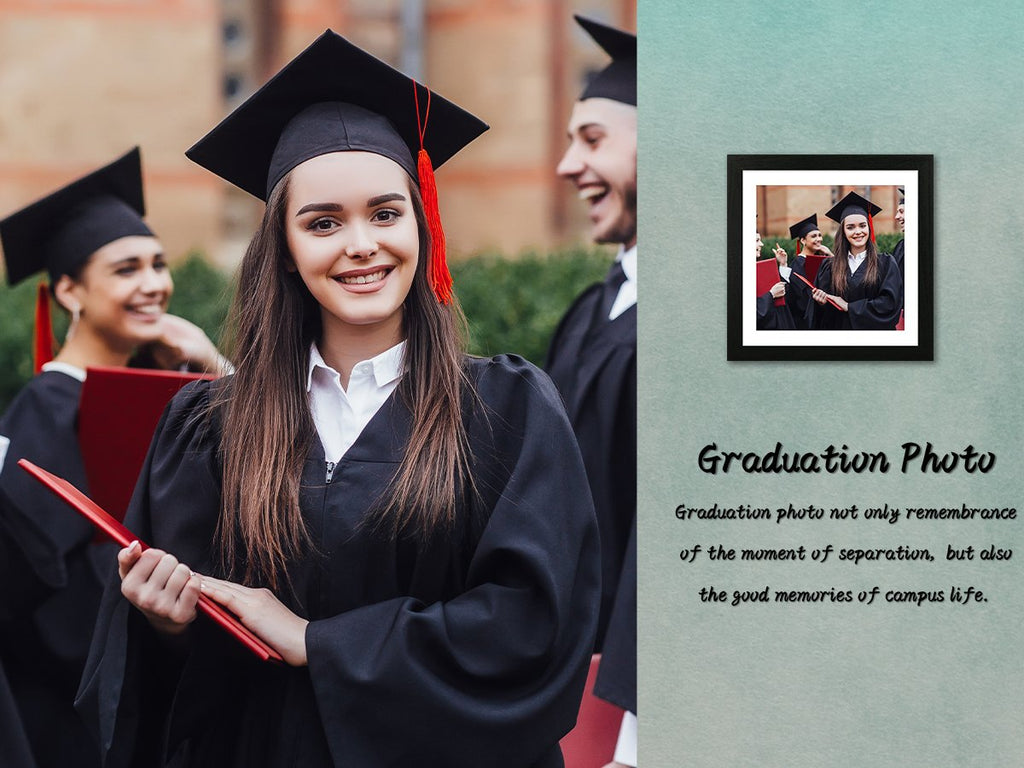 Graduating students in caps and gowns holding diplomas, with a framed photo and text overlay.
