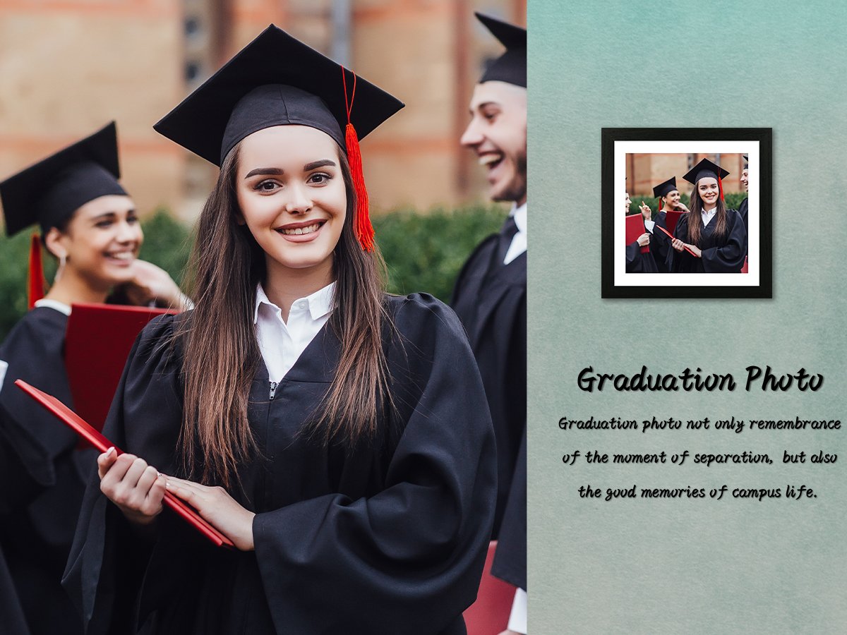 Graduating students in caps and gowns holding diplomas, with a framed photo and text overlay.