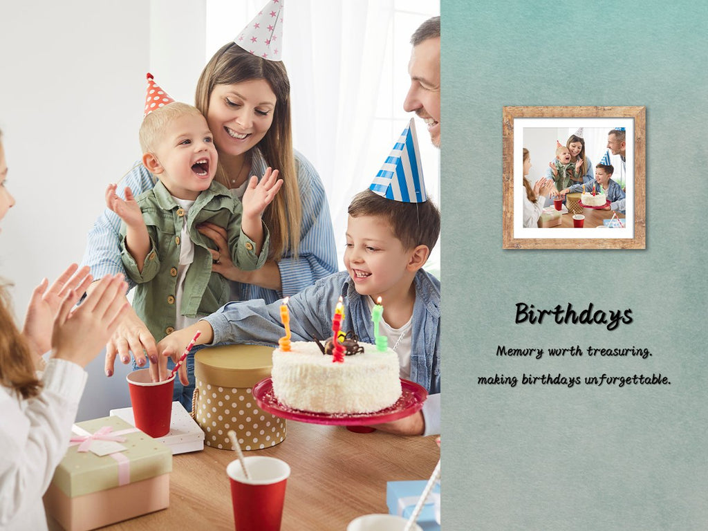 Family celebrating a birthday with cake and presents, with a framed photo of the same scene.