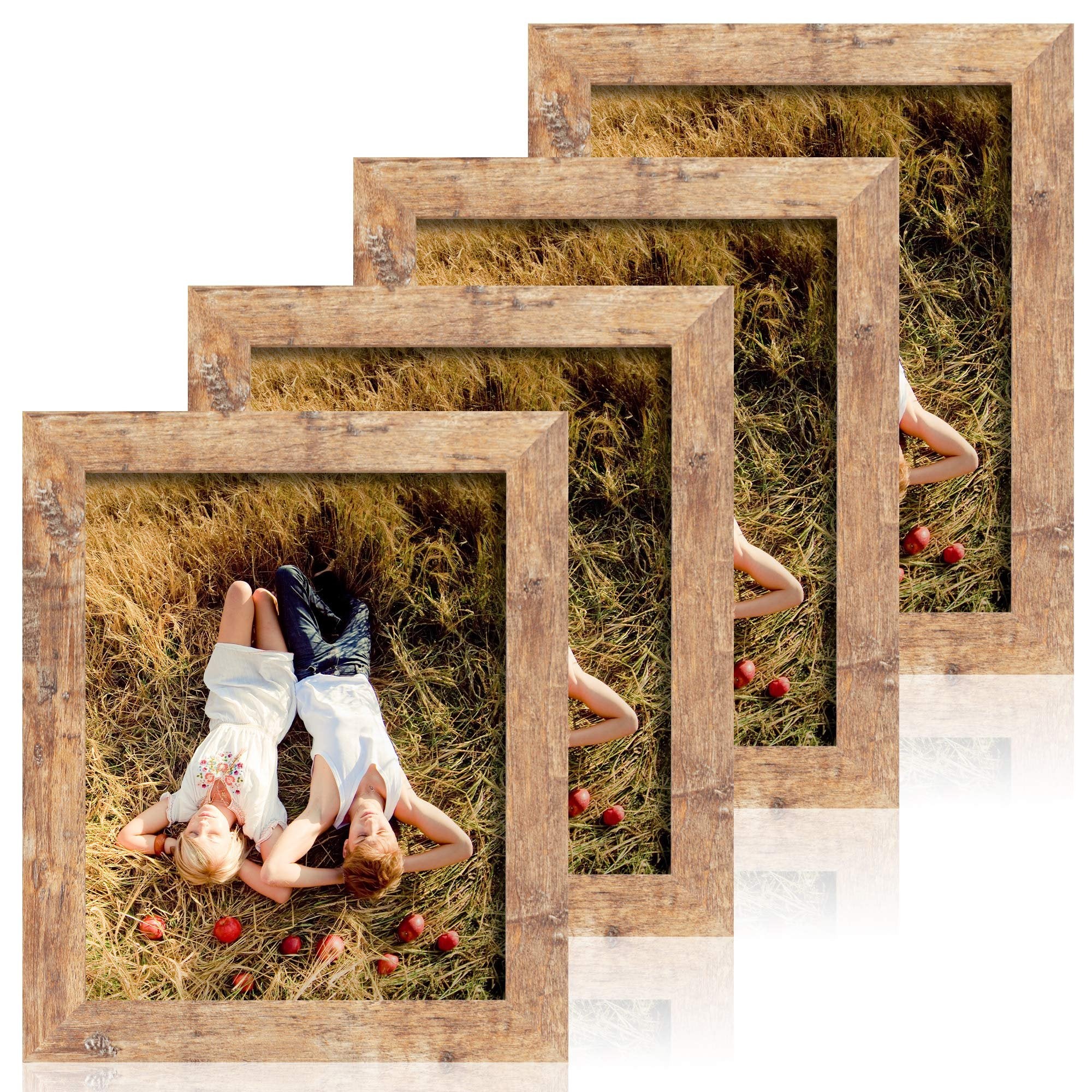 Four rustic brown picture frames layered diagonally, each showing a couple lying in dry grass with apples.