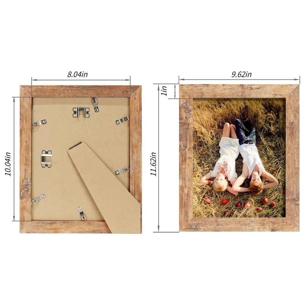 Two rustic brown picture frames, one showing the back with dimensions and the other displaying a couple lying in grass with apples.