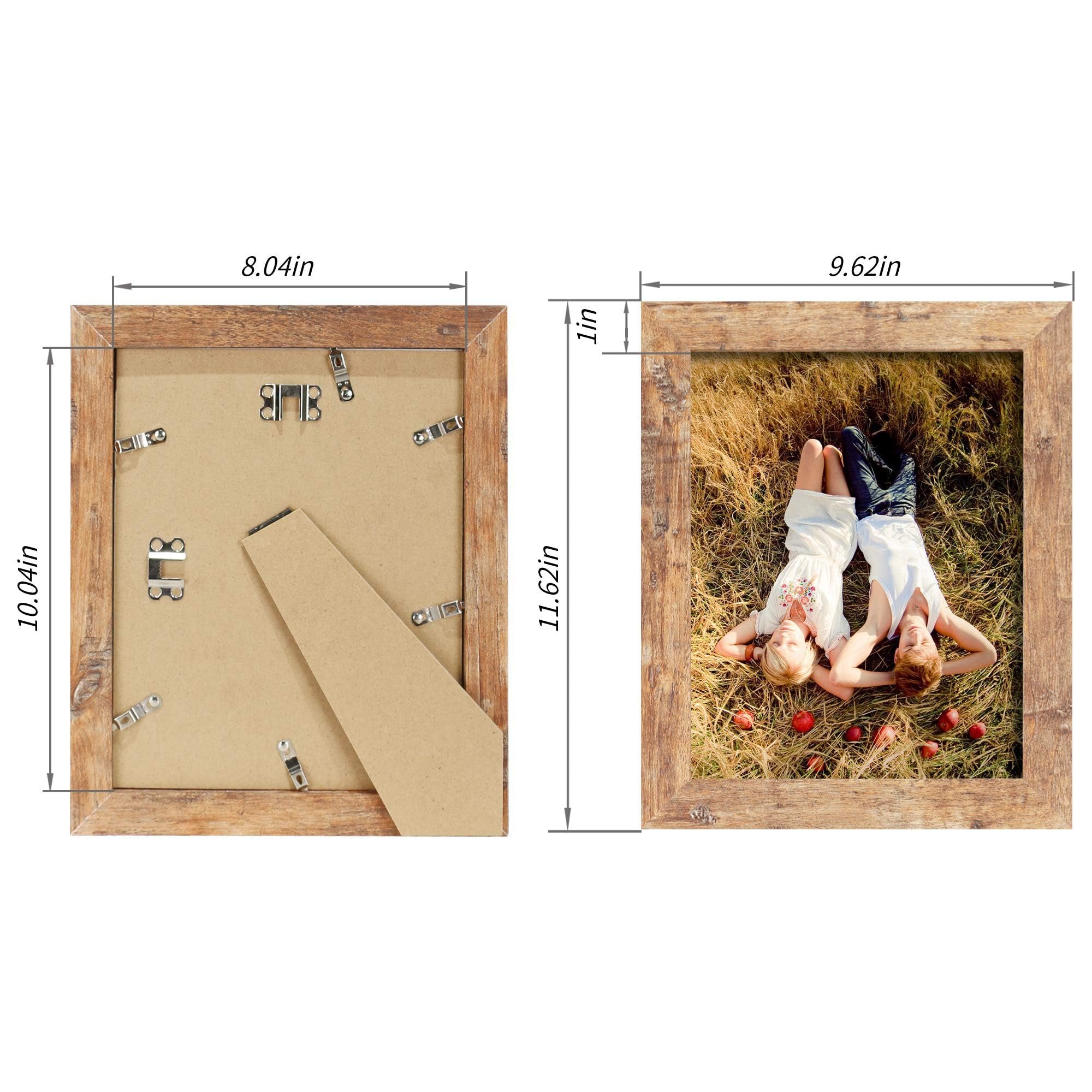 Two rustic brown picture frames, one showing the back with dimensions and the other displaying a couple lying in grass with apples.