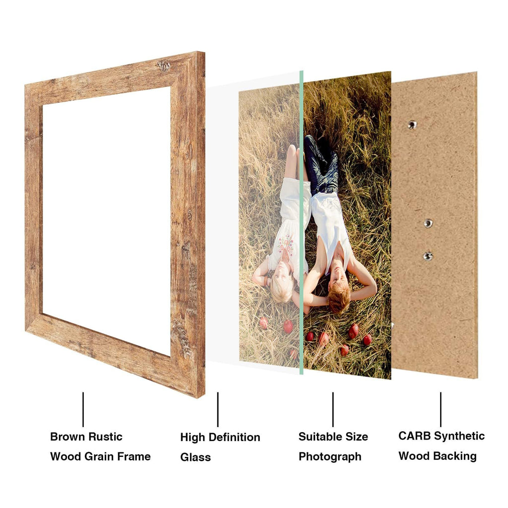 Exploded view of an 8x10 picture frame showing rustic brown wood grain frame, high definition glass, suitable size photograph, and CARB synthetic wood backing.