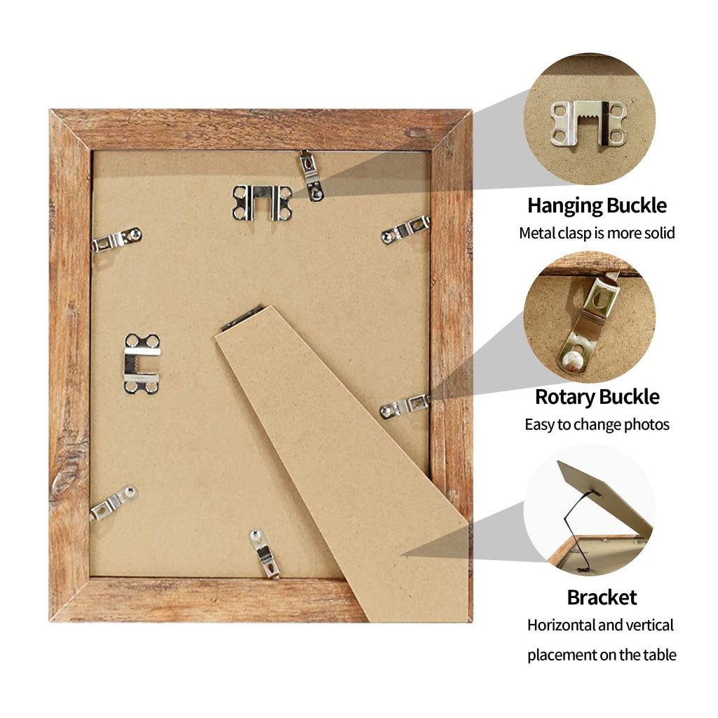 Back of a rustic brown picture frame showing hanging hardware and a stand bracket.