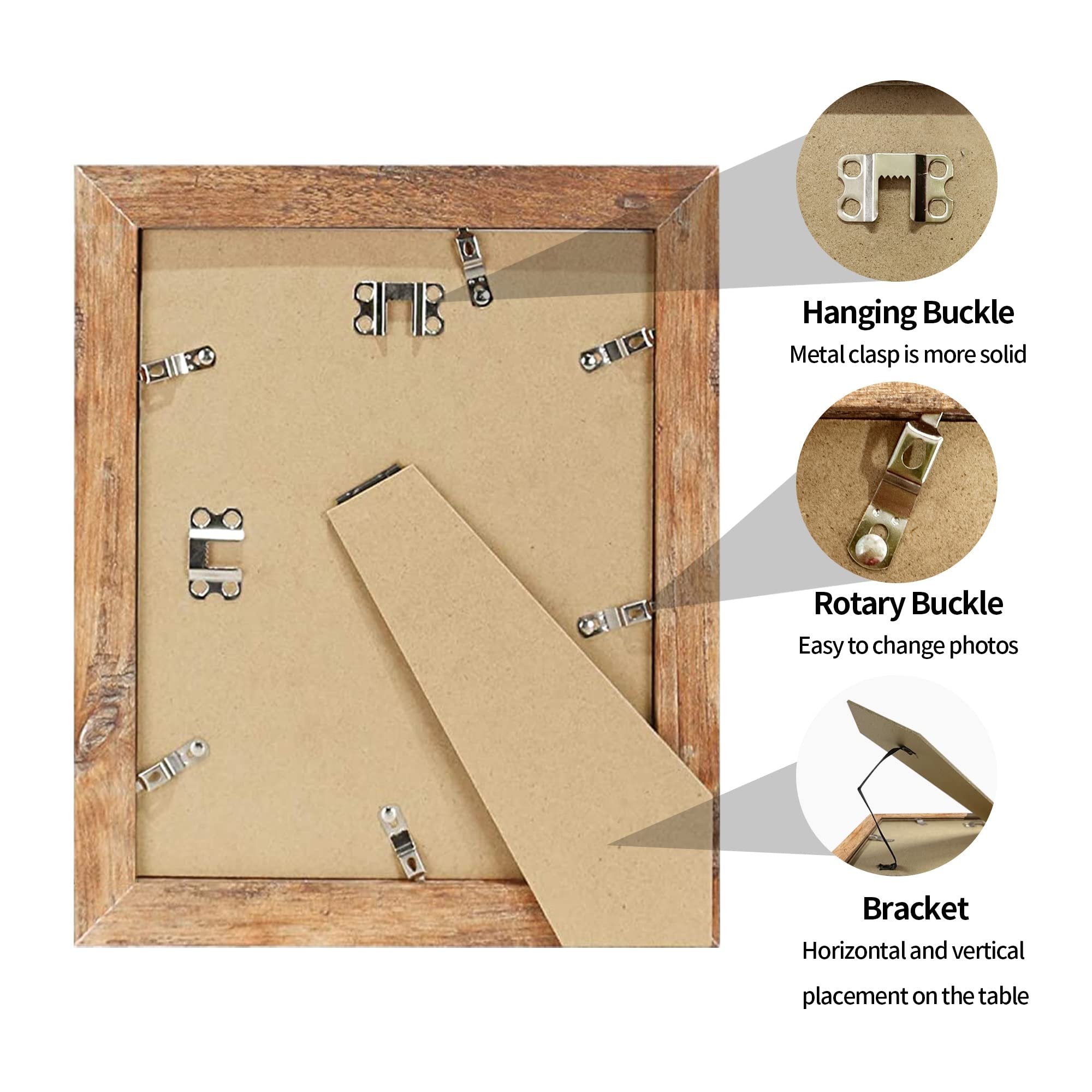 Back of a rustic brown picture frame showing hanging hardware and a stand bracket.