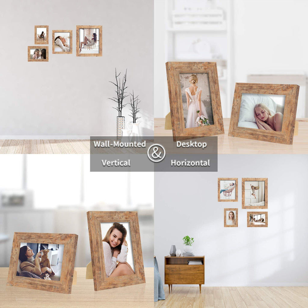 Set of rustic brown picture frames displayed on a wall and tabletop, showing wall-mounted and desktop orientations.