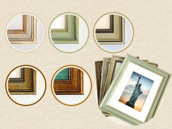Set of rustic farmhouse picture frames in various colors and styles, showing close-ups of corners and a frame with the Statue of Liberty.