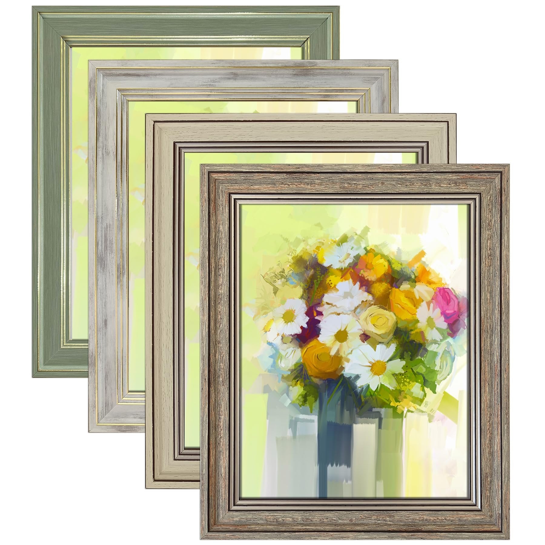 Set of four 8x10 picture frames with different rustic finishes, displayed overlapping on a white background.