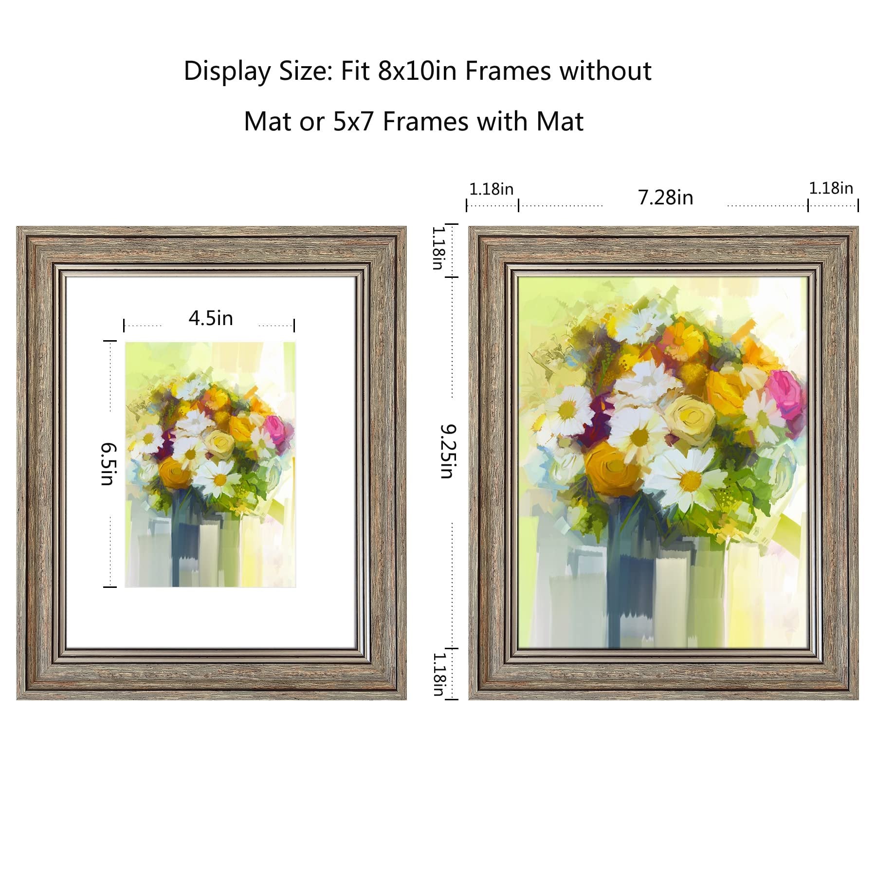 Two rustic farmhouse picture frames showing floral art, one with dimensions for 5x7 with mat, the other for 8x10 without mat.